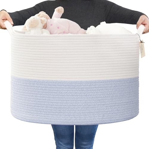 COMFY-HOMI XXXL Large Laundry Basket, Cotton Rope Nursery Woven Basket for Storage, Blanket Baskets Living Room Laundry Hamper, Dog Toy Storage Organizer, Home Decor - color: white/blue, size: 21''x21''x13.6''