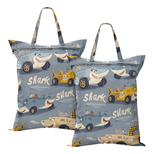 Travel Laundry Bags 2 PC Wet Dry Bag with Handle Dirty Clothes Organizer for Swimsuits Beach Camping Waterproof Washable Blue Shark Race Cars - color: Blue Shark Race Cars
