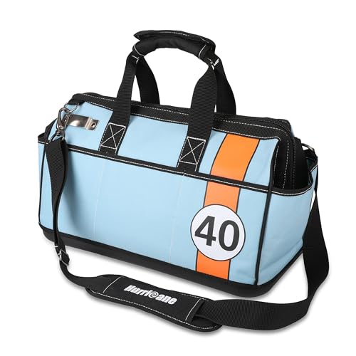 HURRICANE 16 inch Wide Mouth Tool Bag with Water Proof Molded Base with Extra Shoulder Strap, Racing theme-Blue, Multi Pockets, Large Inner Space - color: Racing theme-BLUE
