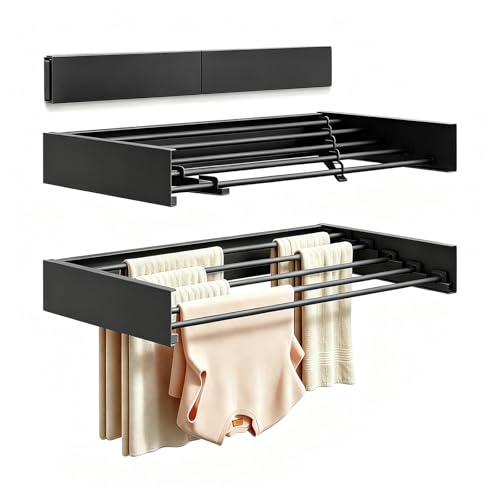 Wall Mounted Foldable Clothes Drying Rack Carbon Steel 5 Rods, Space-Saving Laundry Drying Rack with Wall Template (1, Black, 31.5") - color: Black, size: 31.5"
