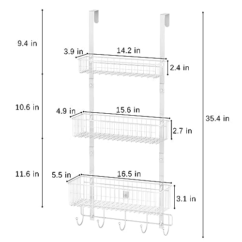 CADUKE Over The Door Organizer Hanger with Basket Hanger Door Towel Rack with 5 Hooks Back of Door Storage Organizer Behind Door Hooks Hanger Shelf for Bathroom, Kitchen, Office, White - color: White