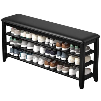 Taitiy Shoe Bench with 3 Tier Adjustable Shelves Rubberwood Entryway 47.2'' - color: Black, size: 47.2''
