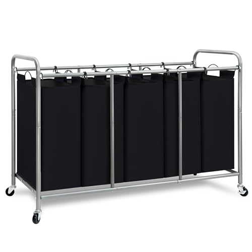 STORAGE MANIAC 5 Section Laundry Sorter, 5 Bins Rolling Separator Laundry Basket, Dirty Clothes Hamper Divider with Heavy Duty Lockable Wheels, Large Clothes Organizer Cart, Black - color: Black, size: 5 Section