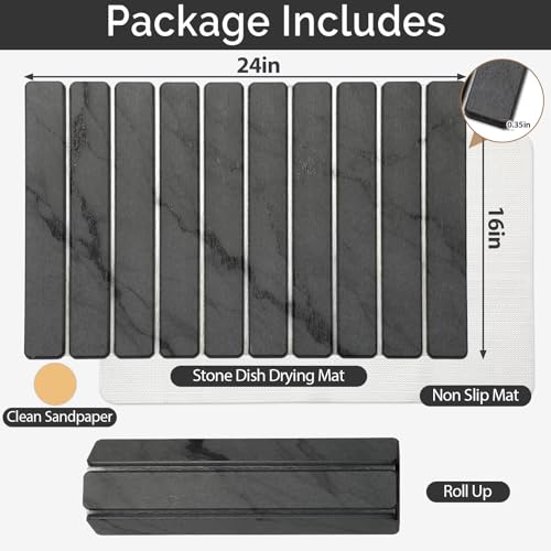 Large Stone Dish Drying Mat for Kitchen Counter, Quick Dry Stone Dishes Mats, Foldable Water Absorbing Diatomaceous Drying Pad for Countertop Bottles Utensils Cups Bathroom (Dark Gray 24"x16") - color: Grey, size: 24" x 16"