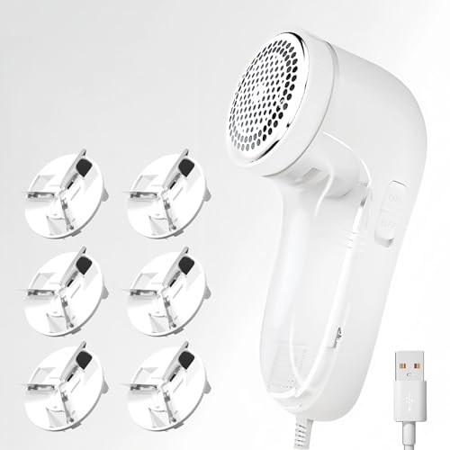 Fabric Shaver, Lint Remover, USB Portable Sweater Defuzzer, 6 Leaf Blades, Remove Pilling for Clothes, Furniture, Sweater, Couch, Blanket(White) - color: White