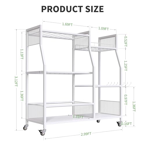 HOTEAGLE Yard Tool Organizer for Garage 35.4" Width High Stability Outdoor Metal Utility Rolling Cart with Mute Wheels, 18.5mm Thick Rods Ideal Garden Tool Rack, Easy to Clean,White