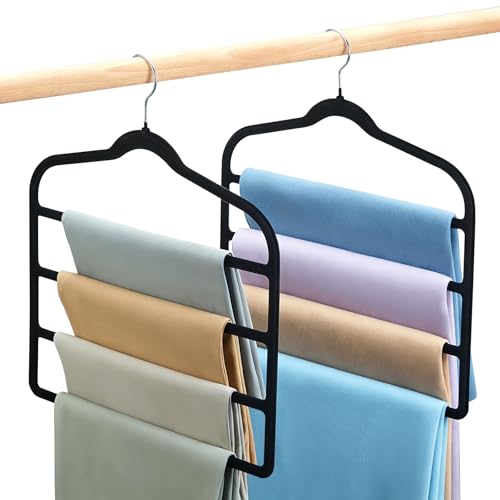 Pants Hangers Space Saving, 2 Pack Velvet-Coated Plastic Multi-Layer Hangers, Non-Slip Closet Organizer for Small Closets and College Dorms, Hanging Trousers, Scarves, Ties, Towels, Black