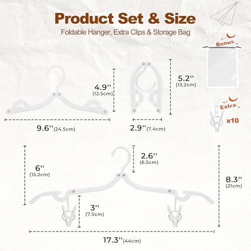HOUSE DAY White Travel Hangers with Clips, 10 Pack Foldable Clothes Hangers - color: White, size: 10 Pack + 10 x Clips + 1 x Storage bag