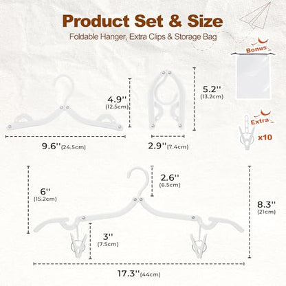 HOUSE DAY White Travel Hangers with Clips, 10 Pack Foldable Clothes Hangers - color: White, size: 10 Pack + 10 x Clips + 1 x Storage bag