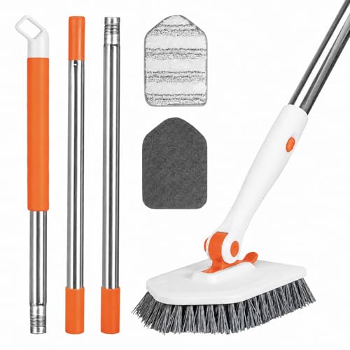 Tile Tub Scrubber Brush with 52-inch Adjustable Long Handle 3-in-1 Rotatable Shower Brush for Cleaning，3 Different Replacement Brush Heads for Cleaning Tub Tile Bathroom Kitchen Walls ，Orange