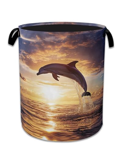 Dolphins Laundry Basket,Foldable Oxford Cloth Sunset Laundry Hamper With Handle, 20.8"x16" Portable Clothes Storage Basket Bag for Laundry Room/Bathroom/Bedroom/Dormitories - color: Dolphins Sunset