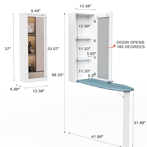 Wall Mounted Ironing Board with Storage Cabinet,Built in Ironing Board & Folding Support Leg, Wall-Mounted Mirrors for Home, Apartment & Small Spaces