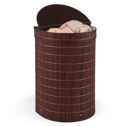 Giantex Bamboo Laundry Hamper with Zippered Lid, 16 Gal Large Capacity Clothes Hamper w/Removable Liner, Half Moon Laundry Basket for Bedroom, Bathroom, Laundry Room (Brown) - color: Brown