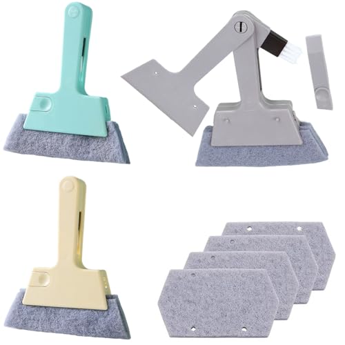 Window Track Cleaner Tool, 3Pcs 4-in-1 Groove Cleaning Brush (with Bristle Brush, Gap Dustpan, Scraper) + 4pcs Replacement Cloth, Washable Cleaning Gadgets for Sliding Door, Sill, Car Vents