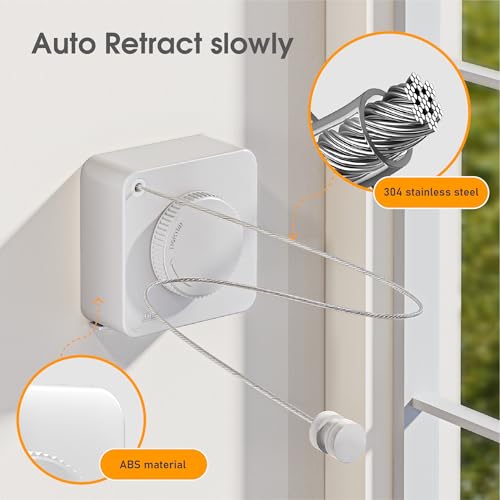 Retractable Heavy Duty Clothesline - Wall Mounted Indoor and Outdoor Laundry Drying Solution, 15.7ft Anti-Sagging Stainless Steel Rope (White) - color: White