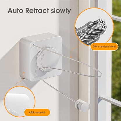 Retractable Heavy Duty Clothesline - Wall Mounted Indoor and Outdoor Laundry Drying Solution, 15.7ft Anti-Sagging Stainless Steel Rope (White) - color: White