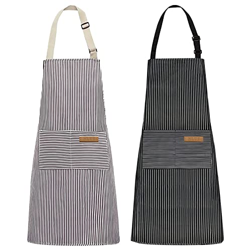 NLUS 2 Pack Kitchen Cooking Aprons, Adjustable Bib Soft Chef Apron with 2 Pockets for Men Women (Brown/Dark Black Strips) - color: Brown/Dark Black