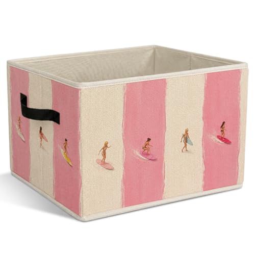 Surf Girl Foldable Storage Bins with Handles, Pink Striped Coastal Decorative Storage Basket for Organizing Clothes Tools Books, Summer Beach Surf Gift for Girls Bedroom Nursery Playroom - color: Surf Girl