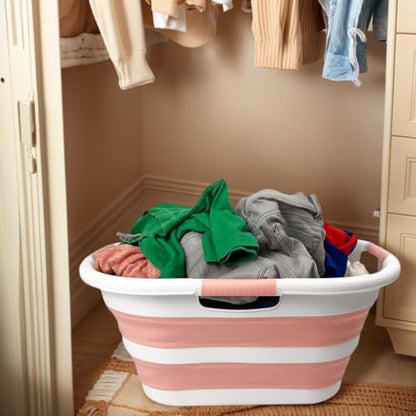 SAMMART 40L (10.5 gallon) Collapsible Plastic Laundry Hamper - Foldable Pop Up Storage Container/Organizer - Portable Washing Tub - Space Saving Basket (1, White/Quartz Pink) - color: White/Quartz Pink