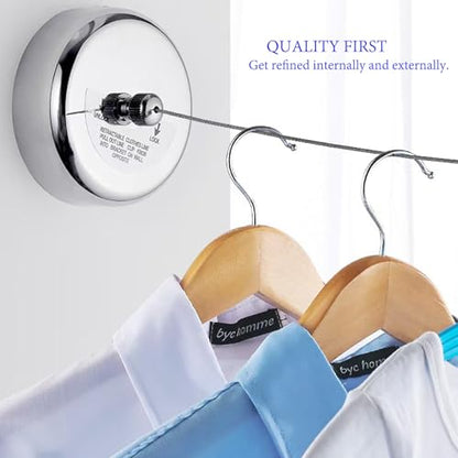 Clothes Line Retractable Clothesline of 304 Stainless Steel with Heavy Duty Adjustable Stainless Steel Wire Rope Retracting Clothes line Polished Chrome Finished - size: 2.8 m Retractable Clothesline