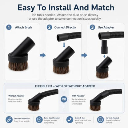Vacuum Brush Attachment,Horse Hair Round Dust Brush with Universal Adapter - size: 1.25 inch-6pcs