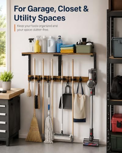 Broom and Mop Holder Wall Mount, 27" Large Organizer with Wood Shelf