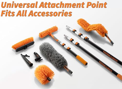 14 Foot Exterior House Cleaning Brush Set with 5-8 ft Extension Pole & Chenile Microfiber Wash Mitt // Vinyl Siding Brushes with Telescopic Pole & Window Squeegee Tool // Extension Scrub Brush Set