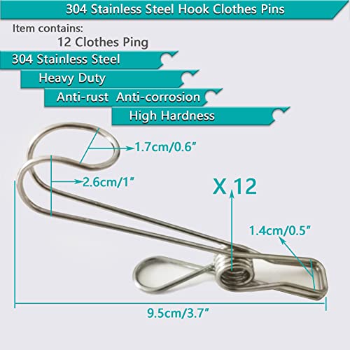 Stainless Steel Clothes Pins, 304 Stainless Steel Metal Long Tail Clothes Pins Stainless Steel Hook Clothes Pins Large Rust-Proof Clothes Pins (12)