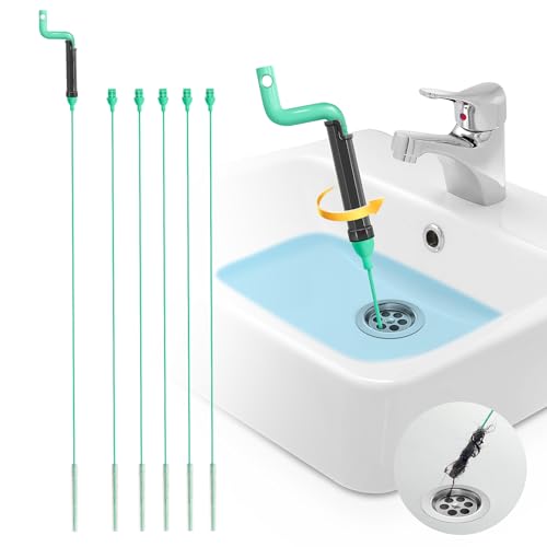 Drain Clog Remover Tool – 30”Anti-break Steel Sink Snake Hair Drain Cleaner Tool, Plumbing Snake with Rotating Handle & 6 Refills, Drain Hair Remover for Shower, Toilet, Kitchen Sink, Bathtub. 6-Pack