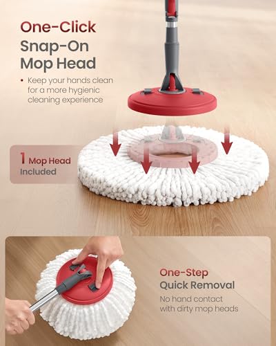 SONGMICS Spin Mop and Bucket Set with Pedal Wringer, 2 Microfiber Pads - color: Gray + Red, size: 2 Pads