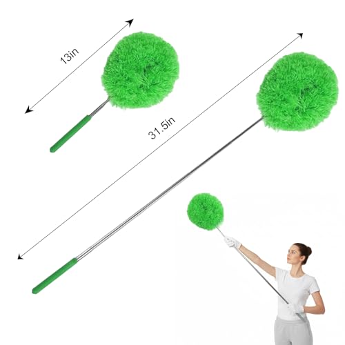 Extendable Feather Duster Telescopic Dust Remover for Home Office Car Furniture High Ceiling Cleaning Multi Purpose Tool(Green,Round Head) - color: Green, size: 12.6 in