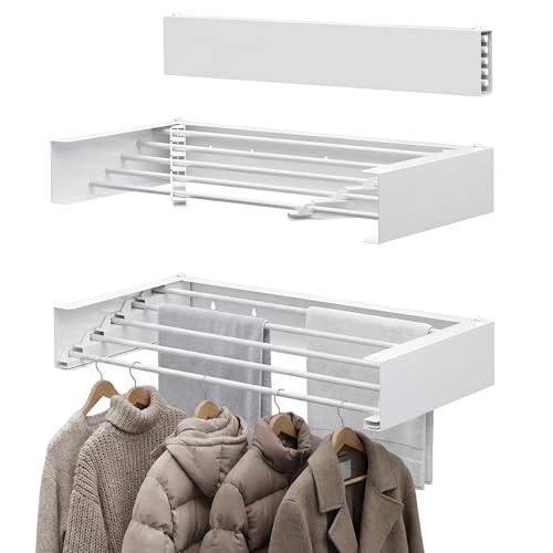 Clothes Drying Rack Wall Mounted - 40" Large Stainless Steel Laundry Drying Rack Collapsible, 60LBS Heavy Duty Retractable Hanger, 5-Rod Tiered Foldable Rack for Indoor - color: Standard, size: Width 40"