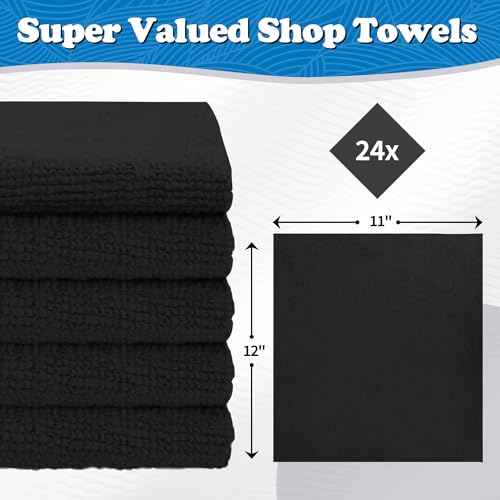 FIXSMITH Microfiber Cleaning Cloth, Shop Towels Bulk, 24 Pack Black Microfiber Towels for Cars, All-Purpose Absorbent Cleaning Rags, Dust Cloth for Automotive, Mechanic, Garage, Bar, 12 x 11 inch - color: Black, size: 24PK