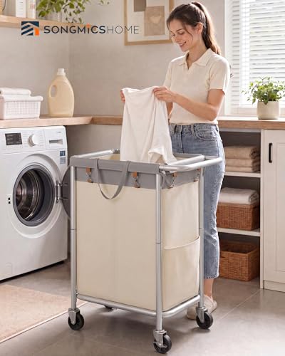SONGMICS HOME Rolling Laundry Basket with 2 Compartments, 37-Gallon Laundry Hamper with Wheels, Removable Liner, Gray and White - color: Gray + White, style: 140 L (2-Section)