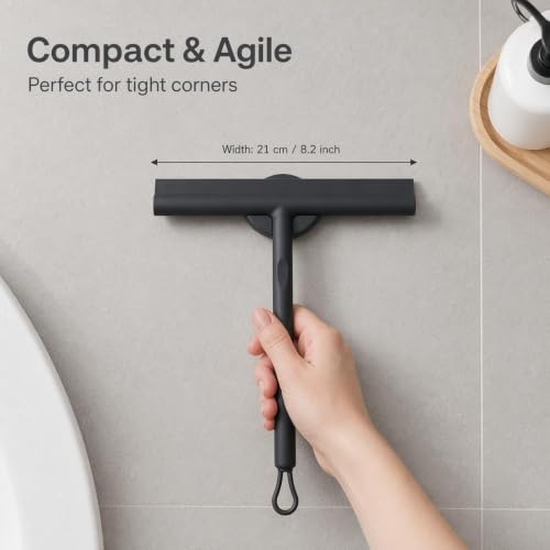 Squeegee for Shower Glass Doors, Resilient Loop - No-Drill & Adhesive Hook, Silicone Shower Squeegee with Stainless Steel Core, Cleaning Tool for Home, Kitchen, Bathroom & Car - Black - color: Black, size: with loop