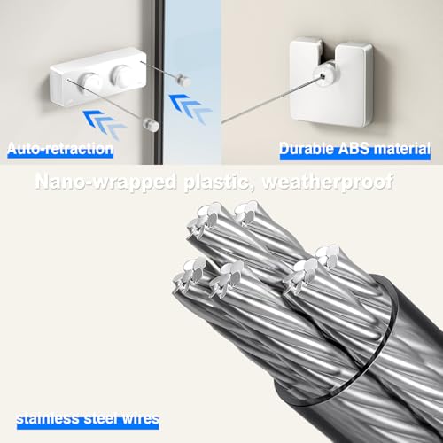 MUSTORN Retractable Clothesline Indoor, Non-Sagging Twin Clothes Line Retracting Outdoor Heavy Duty Clothes Drying Laundry Line Wall Mounted Stainless Steel Double Line-13.8 ft(White) - color: White