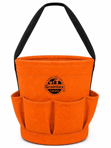 Graintex Tapered Canvas Bucket 12"x10"x15", Utility Tool Bucket 6 Pockets Outside, Reinforced Base & Carry Handle, Ripstop Canvas, Multi-Purpose Bag for Jobsite & Home Use - color: Orange