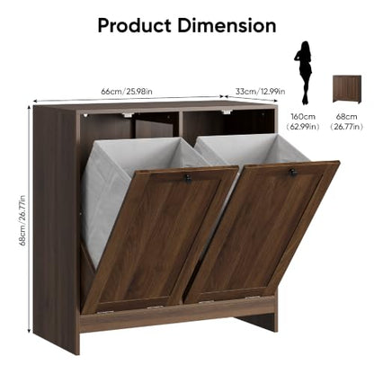 Smart FENDEE Double Tilt Out Laundry Hamper Cabinet, 11.8 Gallon Hidden Trash Cabinets with 2 Baskets for Kitchen, Freestanding Small Bathroom Storage Cabinet Unit, Walnut - color: Walnut