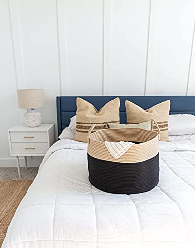 OrganiHaus Round Toy Basket & Blanket Basket, Cotton Rope 20x13" - color: Black / Honey, size: Wide
