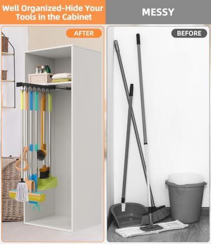 Pull Out Broom Holder With Adjustable Double Row Sliding Hook-Black 16.14IN - color: Black, size: 41cm/16.14inch