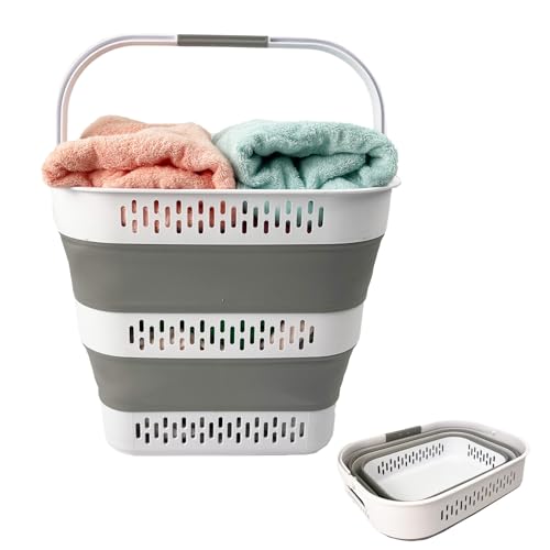 SAMMART 38L(10 Gal) Collapsible Laundry Basket - Foldable Pop-Up Storage Container/Organizer-Portable Space Saving Hamper, Measure 17.5x13.3x15.7/3.8" Expanded/Collapsed (1, White/Grey) - color: White/Grey