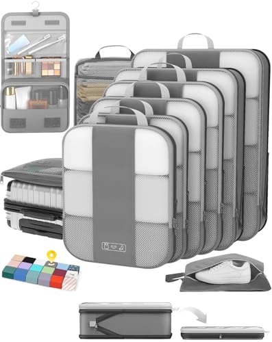 OlarHike 10 Set Compression Packing Cubes for Travel Essentials,Compressible Expandable Space Saver Bags for Organizing Clothes,Luggage Suitcase Garment Bags with Over 1000 pcs Mesh Holes(Gray) - color: Gray
