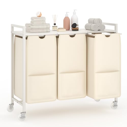 Laundry Sorter with Wheels, 3 Section, White Beige - size: 3 Bags-120L / White + Beige / w Wheels