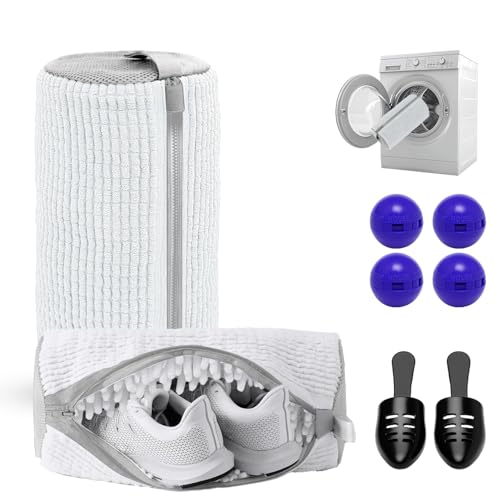 2PCS Shoe Washing Machine Bag with Pair of Shoes Tree and 4 Deodorizer Balls, Durable Zipper Reusable Shoe Washing Bag with 20000+ Fluffy Fiber Lining For 360° Cleaning for Sneakers - color: White