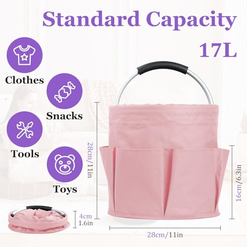 17L Portable Shower Caddy with 6 Side Pockets, Foldable Cleaning Supply Caddy with Handle, Garden Tool Bag in 600D Oxford Fabric, Multifunctional Storage Basket for Showers, Picnics, Pink - color: Pink, size: 1PCS