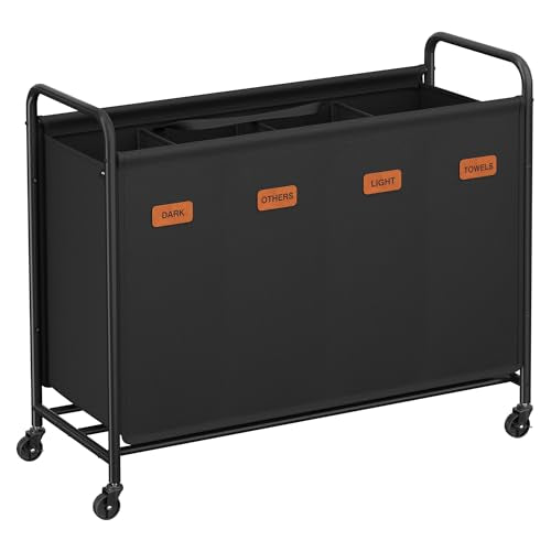 SONGMICS 4-Section Laundry Sorter, with Wheels, Removable Bags - color: Ink Black, size: 200 L