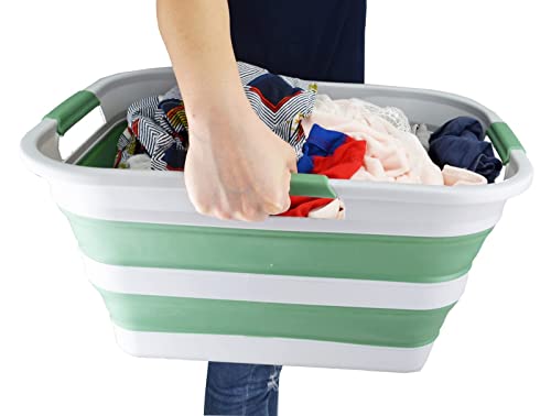 SAMMART 30L(8 gallon) Collapsible Plastic Laundry Basket - Foldable Pop Up Storage Container/Organizer - Space Saving Hamper/Basket - Water Capacity 24L(6.3 gallon) (1, Grey/Dark Sea Green) - color: Grey/Dark Sea Green