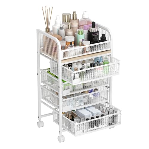 Makeup Organizer with 4 Drawers, Skincare Storage, Floor Skincare Organizers with Wheels Nameplates,Vanity Cosmetic Holder for Perfume, Nail Polish, Brushes, White
