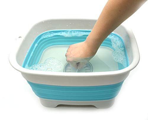 SAMMART 9.1L (2.4Gallon) Collapsible Dishpan with Draining Plug - Foldable Washing Basin - Portable Dish Washing Tub - Space Saving Kitchen Storage Tray (1, Grey/Brigt Blue) - color: Grey/Brigt Blue