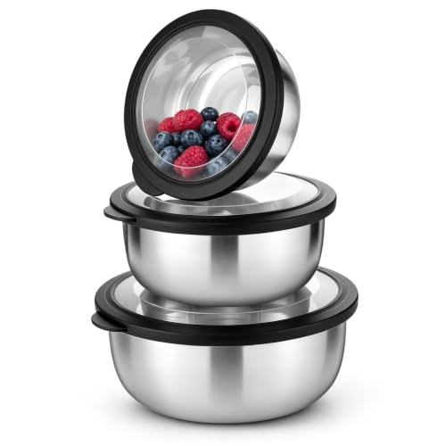 P&P CHEF Mixing Bowls with Lids Set of 3, Black Stainless Steel Salad Bowl - color: Black
